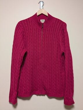 L.L.Bean Cable Knit Zip Sweater Raspberry XL Cotton Classic
